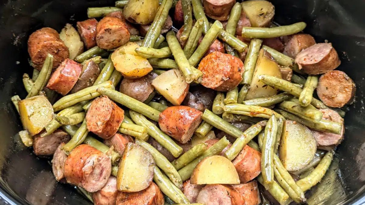 Slow Cooker Cajun Sausage, Green Beans, and Potatoes.
