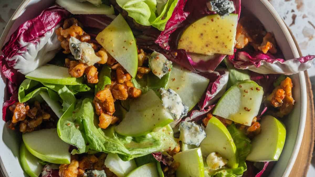 Tangy Apple and Radicchio Salad with Mapled Walnuts and Gorgonzola.