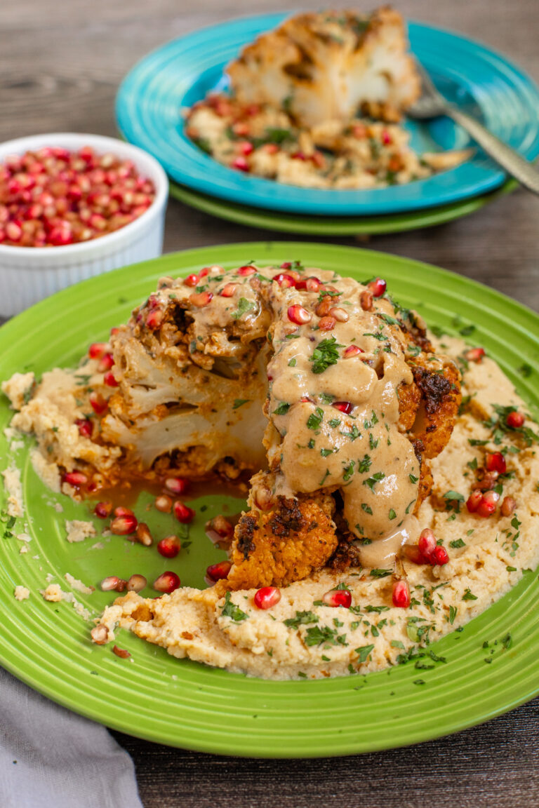 Whole Roasted Cauliflower With Tahini Sauce and Pomegranate Seeds